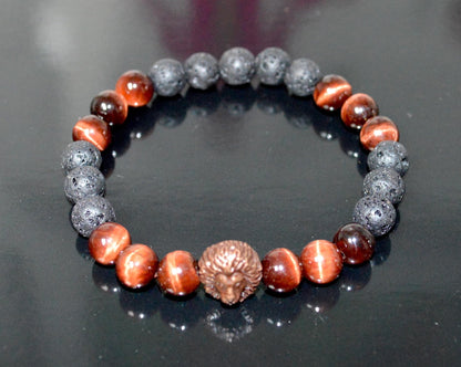 Red Tiger's Eye and Lava Rock Beads Stretch Bracelet with Bronze Finish Lion Head – Root Chakra, Universal Birthstone