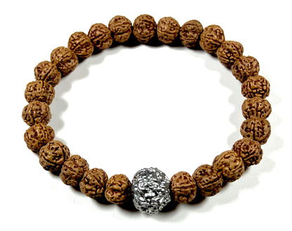 5 Mukhi Chikna Rudraksha with Parad (Mercury) Bead Stretch Bracelet – Leo Birthstone, Mercury Astrological Sign, Heart Chakra
