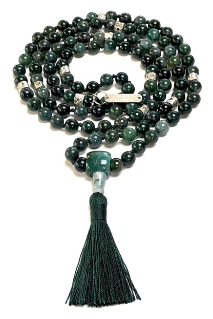 Certified Energized Mala Beads Necklace with COA - Chakra Mala - Japa Mala - 8mm 108 Buddhist Prayer Beads - Meditation Mala - Tassel Necklace – Zodiac/Sun Sign stones (Moss Agate)