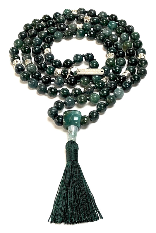 Certified Energized Mala Beads Necklace with COA - Chakra Mala - Japa Mala - 8mm 108 Buddhist Prayer Beads - Meditation Mala - Tassel Necklace – Zodiac/Sun Sign stones (Moss Agate)