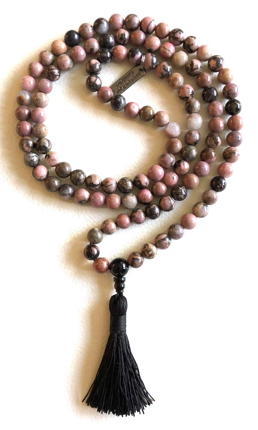 Crystal Mala Beads Necklace Reiki Healing Gem Stones Blessed & Energized Handmade 108 Buddhist Prayer Beads Buddha Beaded Necklaces Yoga Meditation Jewelry - w/ Velvet Pouch ( Rhodonite, 8 mm )