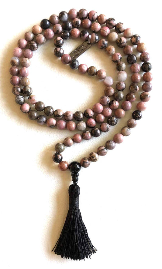 Crystal Mala Beads Necklace Reiki Healing Gem Stones Blessed & Energized Handmade 108 Buddhist Prayer Beads Buddha Beaded Necklaces Yoga Meditation Jewelry - w/ Velvet Pouch ( Rhodonite, 8 mm )