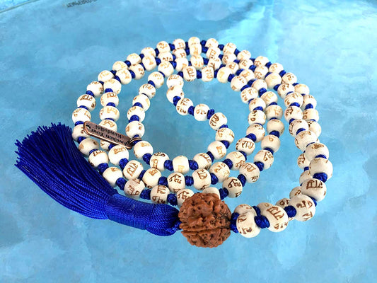 AWAKEN YOUR KUNDALINI Spiritual Harmony Tulsi Mala Necklace with 5 Mukhi Rudraksha - Cancerian Birthstone - Heart & Sacral Chakra Balance