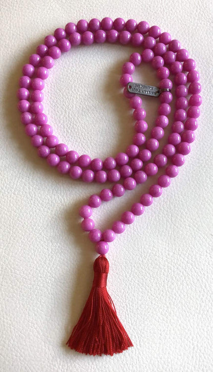 Crystal Mala Beads Necklace Reiki Healing Gem Stones Blessed & Energized Handmade 108 Buddhist Prayer Beads Buddha Beaded Necklaces Yoga Meditation Jewelry - w/ Velvet Pouch ( Magenta Jade, 8 mm )