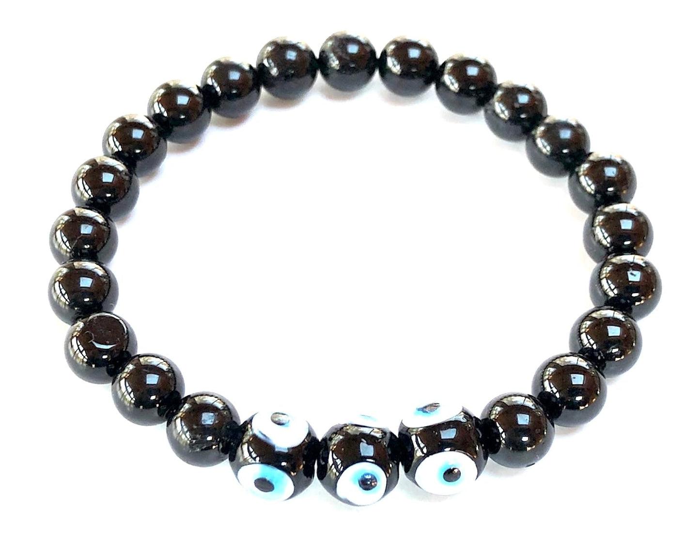 Black Tourmaline & Evil Eye Stretch Bracelet – Birthstone for October, Sun Sign Scorpio & Libra, Root Chakra