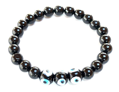 Black Tourmaline & Evil Eye Stretch Bracelet – Birthstone for October, Sun Sign Scorpio & Libra, Root Chakra