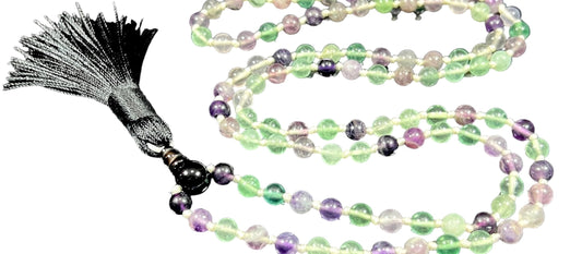 Embrace Balance: Hand-Knotted 6mm Rainbow Fluorite Mala Beads Necklace, Pisces Birthstone, Libra Astrological Sign, Heart and Third Eye Chakra