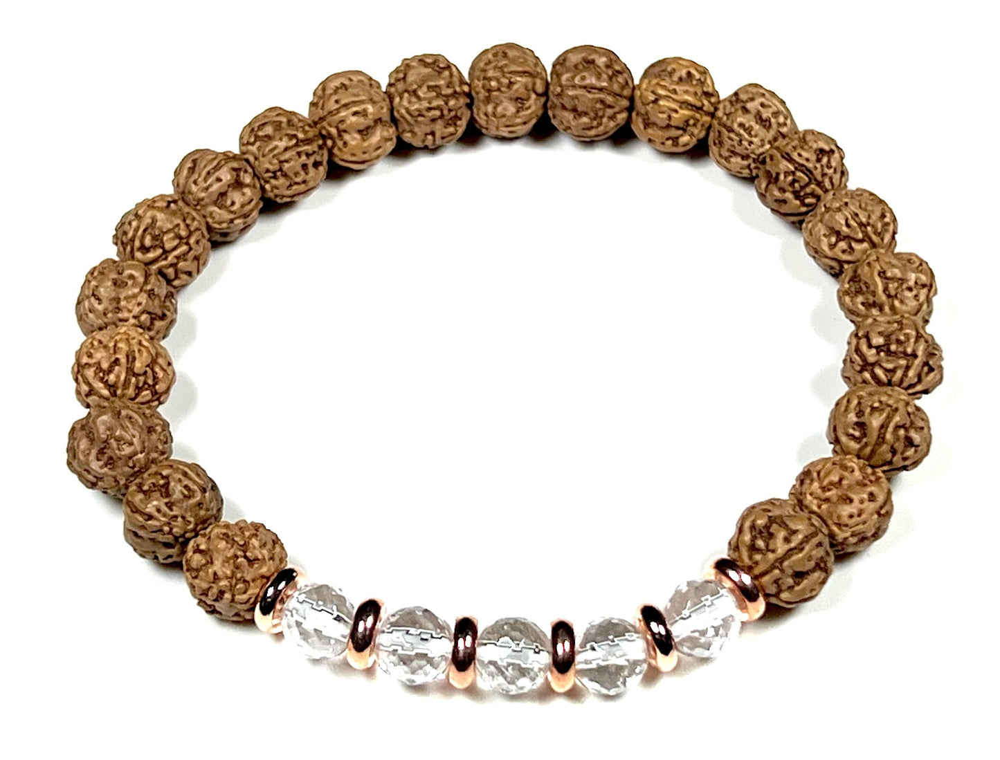 5 Mukhi Chikna Rudraksha Bracelet with Crystal Quartz | Stretch Beads for Balance & Clarity