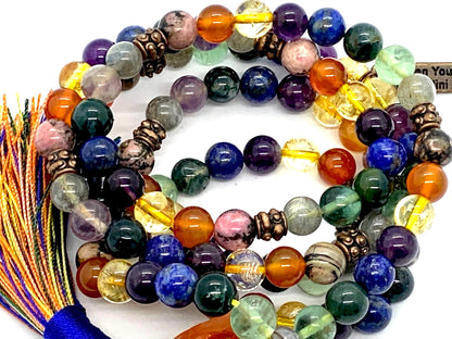 Handmade Protective Aura Mala Beads Necklace – 8mm 108 Beads | Solar Plexus, Third Eye & Heart Chakras | Universal Birthstone Energy | Ethically Sourced