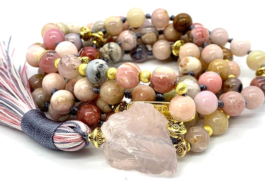 Pink Opal Mala Necklace | 8mm 108 Beads Hand-Knotted | AMOR Collection