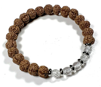 5 Mukhi Chikna Rudraksha Bracelet with Crystal Quartz | Stretch Beads for Balance & Clarity