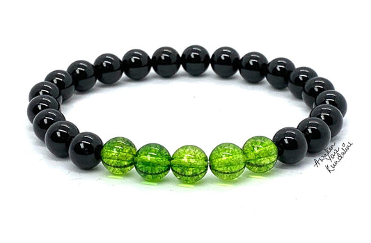 Peridot and Black Tourmaline Stretch Bracelet - August Birthstone for Leo and Virgo - Heart Chakra Association