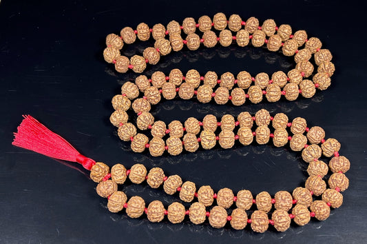 Hand-Knotted 5 Mukhi Chikna Rudraksha Mala Beads Necklace - Five Faced Pathri Rudraksh Rosary - Heart Chakra - 108 Buddhist Prayer Beads