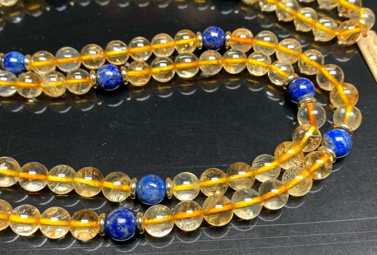 SolSky | Handmade Wisdom Necklace – Natural Citrine & Lapis Lazuli Mala Beads | 8mm 108 Beads | Solar Plexus & Throat Chakras | November & September Birthstones | Ethically Sourced