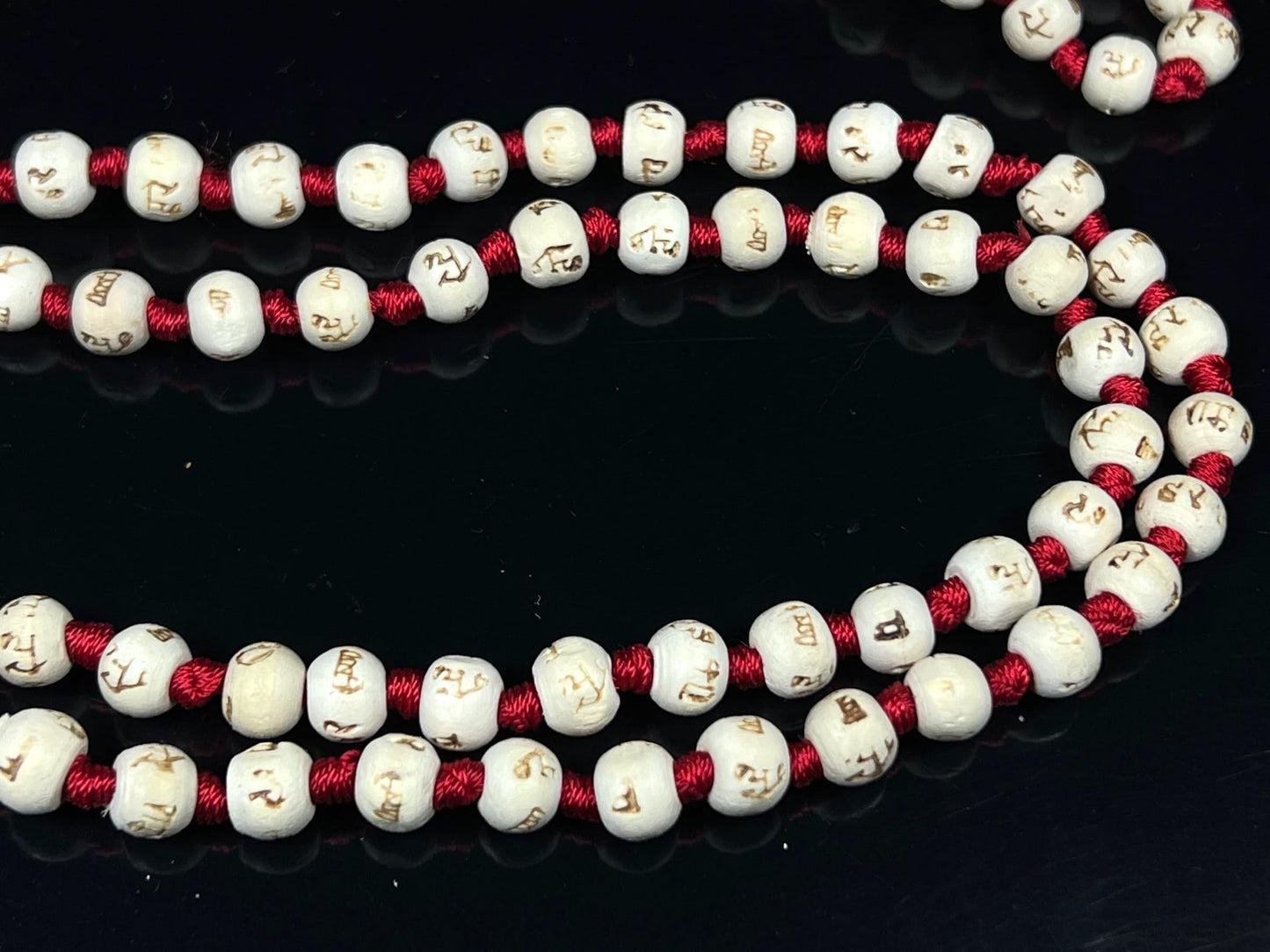 Tulsi Mala Beads Necklace w/ 5 Mukhi Rudraksha – 8mm Beads with "Ram" Inscription – Root Chakra & Aries Birthstone – Meditation Jewelry