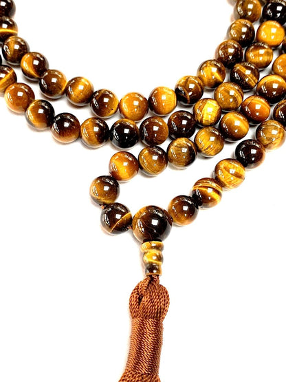 AWAKEN YOUR KUNDALINI Tiger's Eye Mala Beads Necklace - 3rd Chakra Throat Chakra 108 Prayer Beads - Grounding, Will Power, Intuition