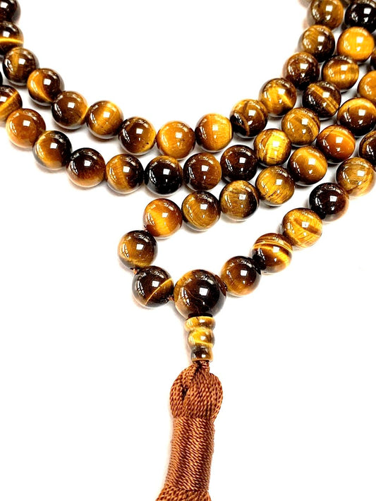 AWAKEN YOUR KUNDALINI Tiger's Eye Mala Beads Necklace - 3rd Chakra Throat Chakra 108 Prayer Beads - Grounding, Will Power, Intuition