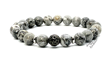 Scenic Jasper & Lava Rock Stretch Bracelet – Adjustable Size 5.5-9.5 Inches – Birthstone for Virgo & Libra - Root & Sacral Chakra