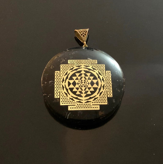 Shungite Sri Yantra Orgone Pendant Necklace, 2 Inch Diameter, Aquarius Gemstone, Root & Crown Chakra - Embrace Harmony: