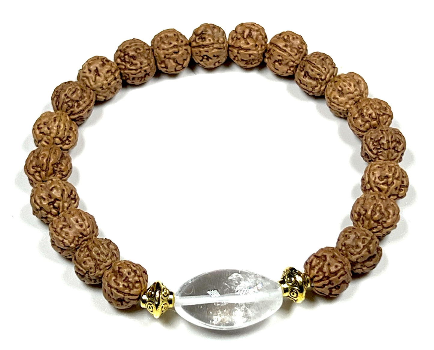 5 Mukhi Pathri Chikna Rudraksha and Himalayan Ice Crystal Quartz Stretch Bracelet – December Birthstone, Sagittarius Astrological Sign, Crown Chakra