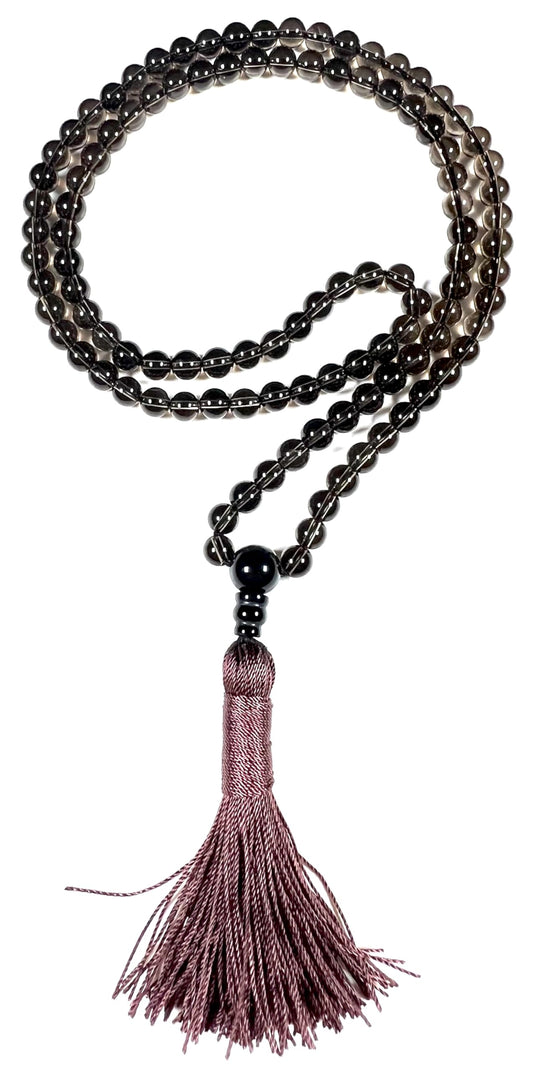 Handmade Smoky Quartz Mala Beads Necklace | 6mm & 8mm 108 Beads | Hand-Knotted Spiritual Energy Beads | Capricorn Birthstone & Root Chakra Connection