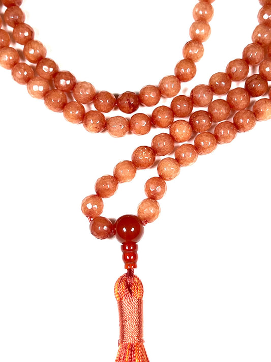 Faceted Orange Jade Mala Beads Necklace – 8mm, 108 Beads – Birthstone & Chakra Energy Beads for Spiritual Practices & Meditation