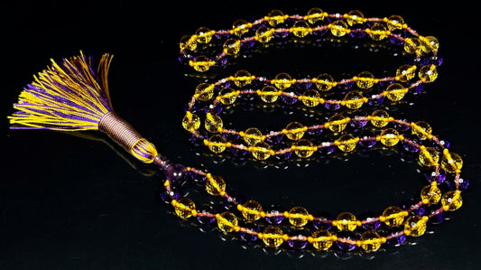 Sun & Moon Harmony Beaded Necklace – Faceted Citrine & Amethyst Crystals | 8mm 108 Mala Beads | Solar Plexus & Crown Chakras | February & November Birthstones | Ethically Sourced