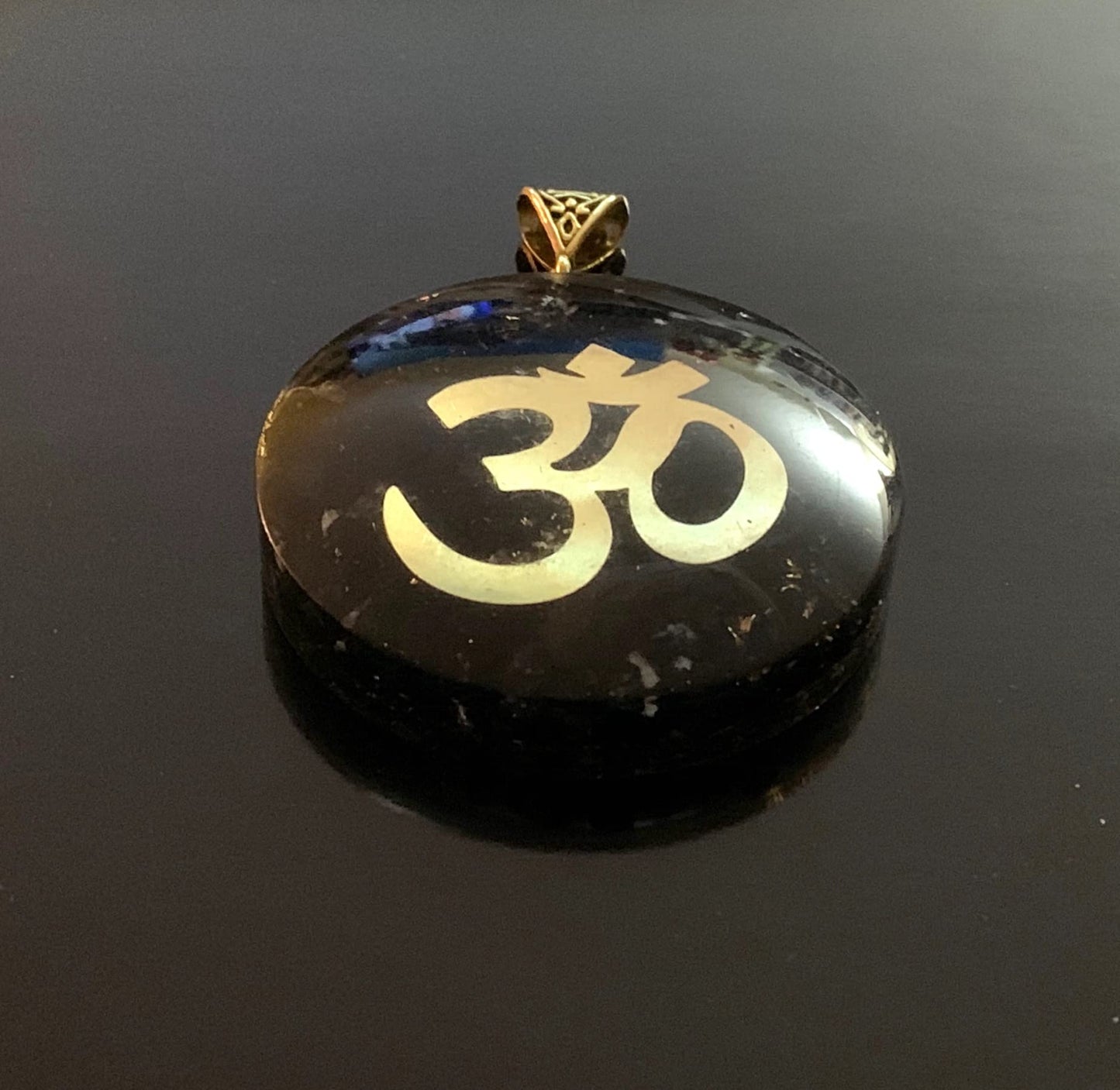 Shungite Om Symbol Orgone Pendant Necklace, 2 Inch Diameter, Aquarius Gemstone, Root & Crown Chakra