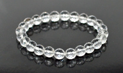 Diamond Cut Crystal Quartz Stretch Bracelet – 6mm & 8mm – April Birthstone for Aries and Taurus Zodiac Sun Sign – Crown Chakra Energy Bracelet