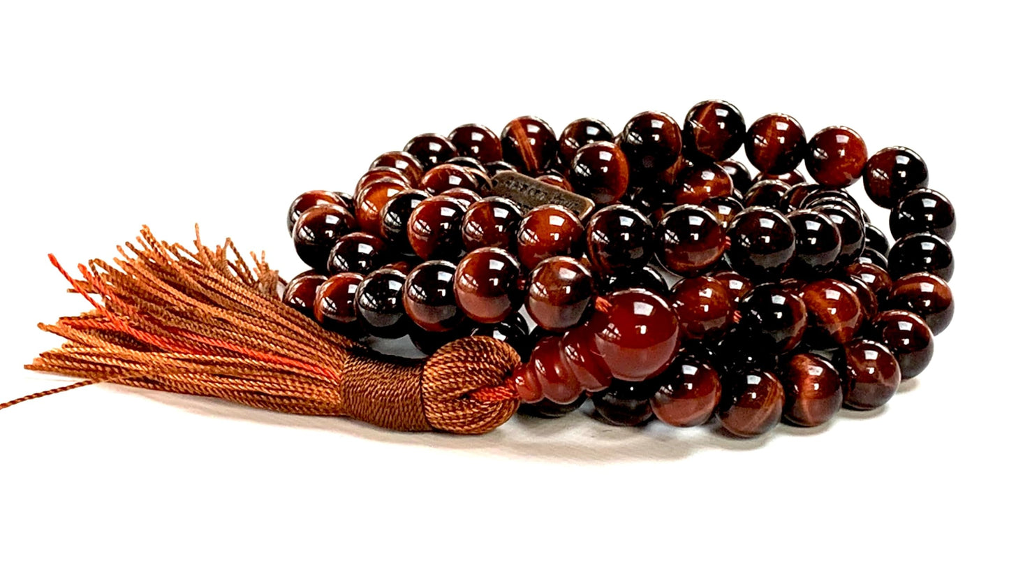 AWAKEN YOUR KUNDALINI Red Tiger's Eye Tiger Eye Beaded Mala Necklace - 8mm 108 Prayer Beads Rosary - Power, Authority, Boost Libido, Vitality
