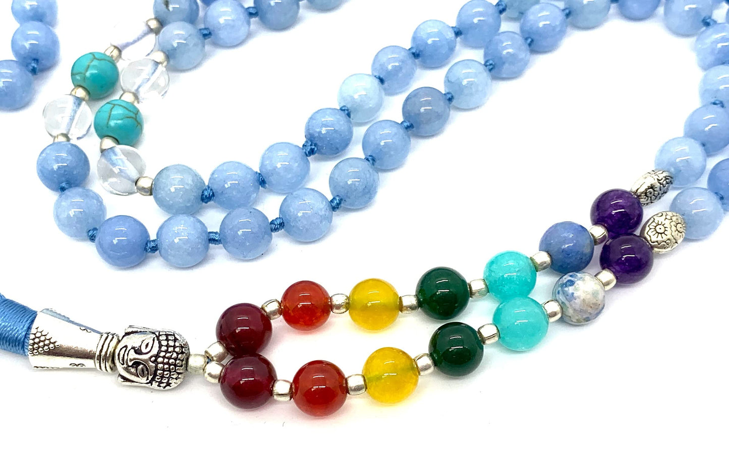 Energized 7 Chakra mala Hand Knotted 108 mala beads necklaces - Japa mala - Buddhist prayer beads - Meditation beads - Healing crystals for men women (Sky Blue Jade 5th chakra Throat chakra mala)