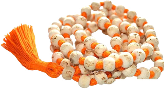 AWAKEN YOUR KUNDALINI Hand Knotted 8mm Tulsi Mala Necklace - Gemini Birthstone, Heart Chakra Alignment, Ram Engraving, Orange String & Tassel