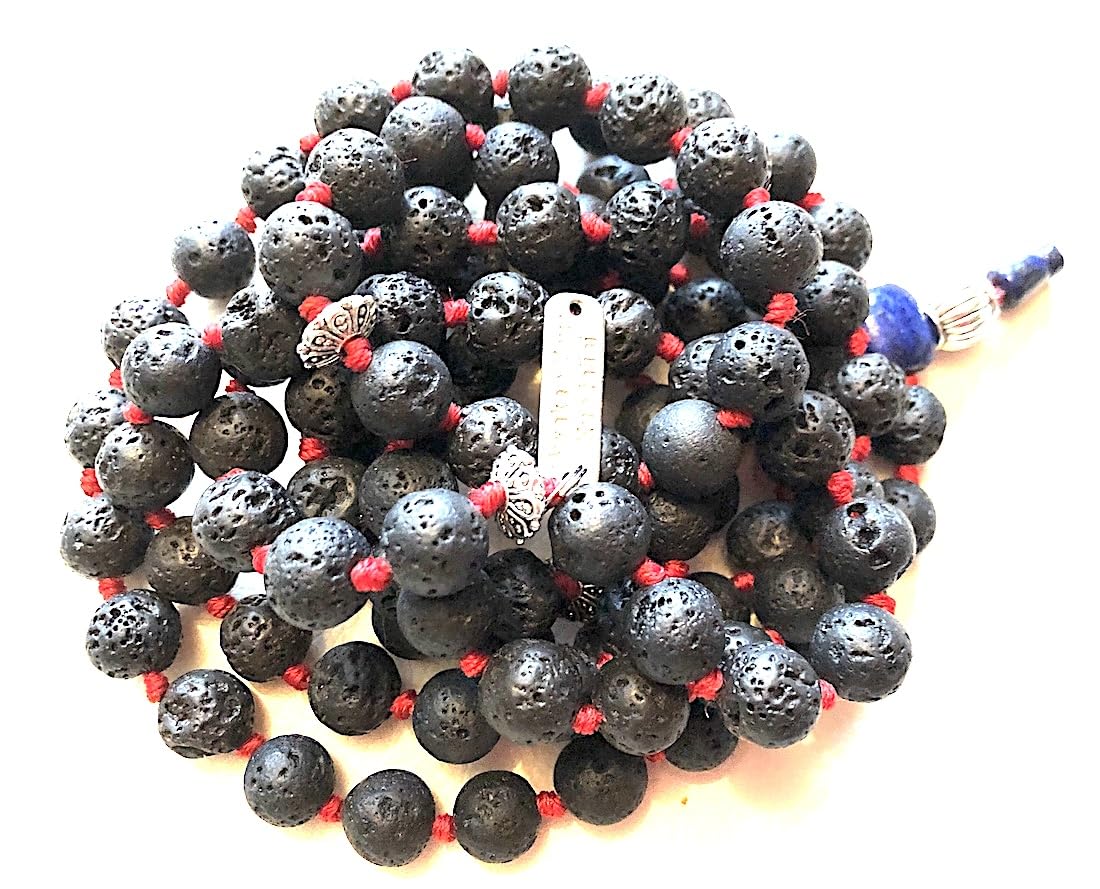 VULCAN Lava Mala Necklace with Lapis Guru Bead | Hand-Knotted 108 Beads