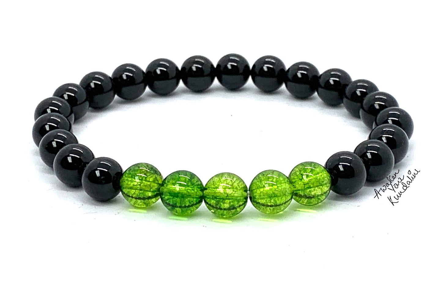 Peridot and Black Tourmaline Stretch Bracelet - August Birthstone for Leo and Virgo - Heart Chakra Association