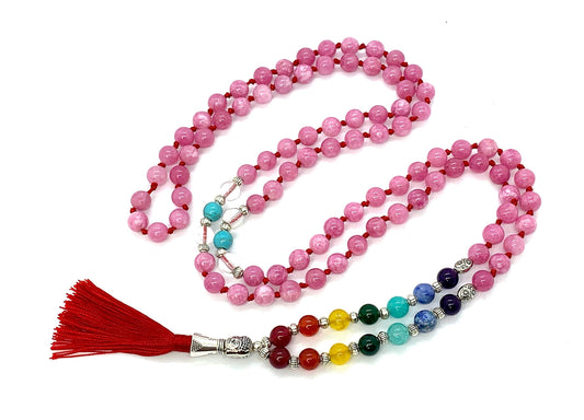 Awaken Your Kundalini Energized 7 Chakra mala Hand Knotted 108 mala beads necklaces - Japa mala - Buddhist prayer beads - Meditation beads - Healing crystals for men women (Pink Jade chakra mala)