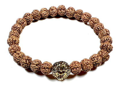 Unleash Inner Strength & Grounding: Handmade 5 Mukhi Rudraksha & Golden Polished Lion Head Bracelet (8mm) - Root Chakra & Universal Sun Sign