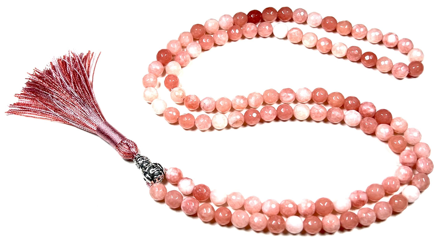 Faceted Peach Jade Mala Beads Necklace – 8mm, 108 Beads – Birthstone & Chakra Energy Beads for Spiritual Practices & Meditation