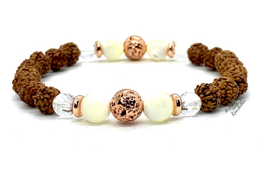 5 Mukhi Chikna Rudraksha, Crystal Quartz, Mother of Pearl and Lava Stretch Bracelet - April Birthstone for Aries, Taurus - Root & Crown Chakra Alignment