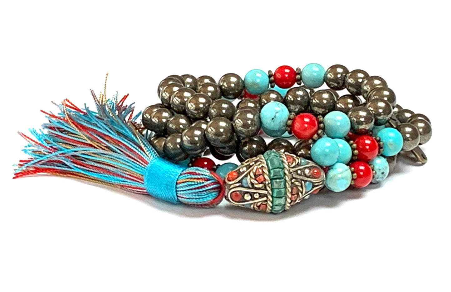 Stunning Pyrite Turquoise Red Coral Mala Beads Necklace – Scorpio & Aries Birthstone for April & October – Root and Throat Chakra - 108 Beads