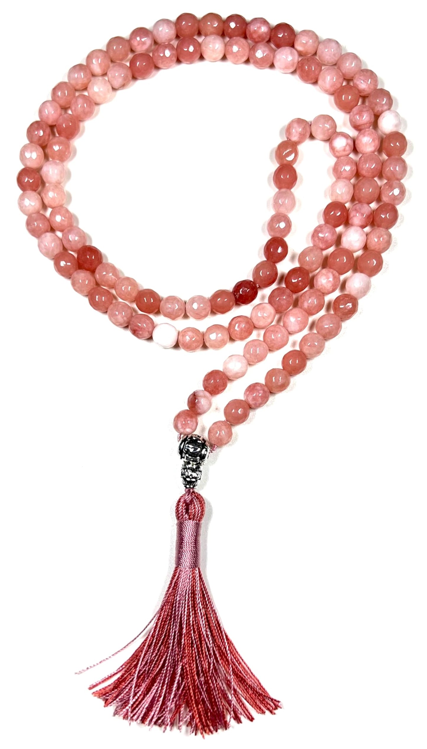 Faceted Peach Jade Mala Beads Necklace – 8mm, 108 Beads – Birthstone & Chakra Energy Beads for Spiritual Practices & Meditation