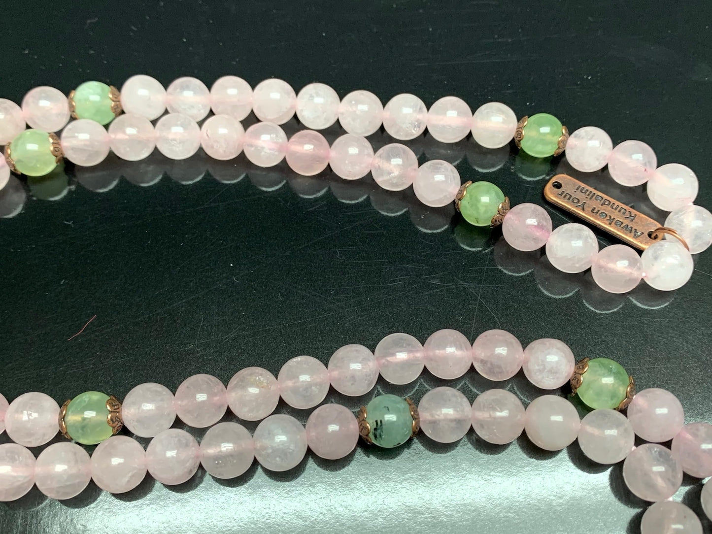 Handmade Blossoming Heart Mala – Rose Quartz & Prehnite Beads | 8mm 108 Beads | September & October Birthstones | Ethically Sourced