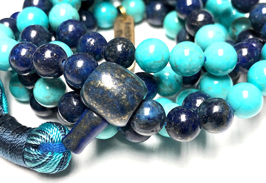 Lapis & Turquoise Mala Beads Necklace – 8mm 108 Beads – Throat & Third Eye Chakras – Sagittarius & Capricorn Birthstones