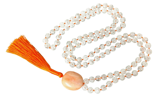 Hand Knotted Crackled Crystal Quartz Mala Necklace with