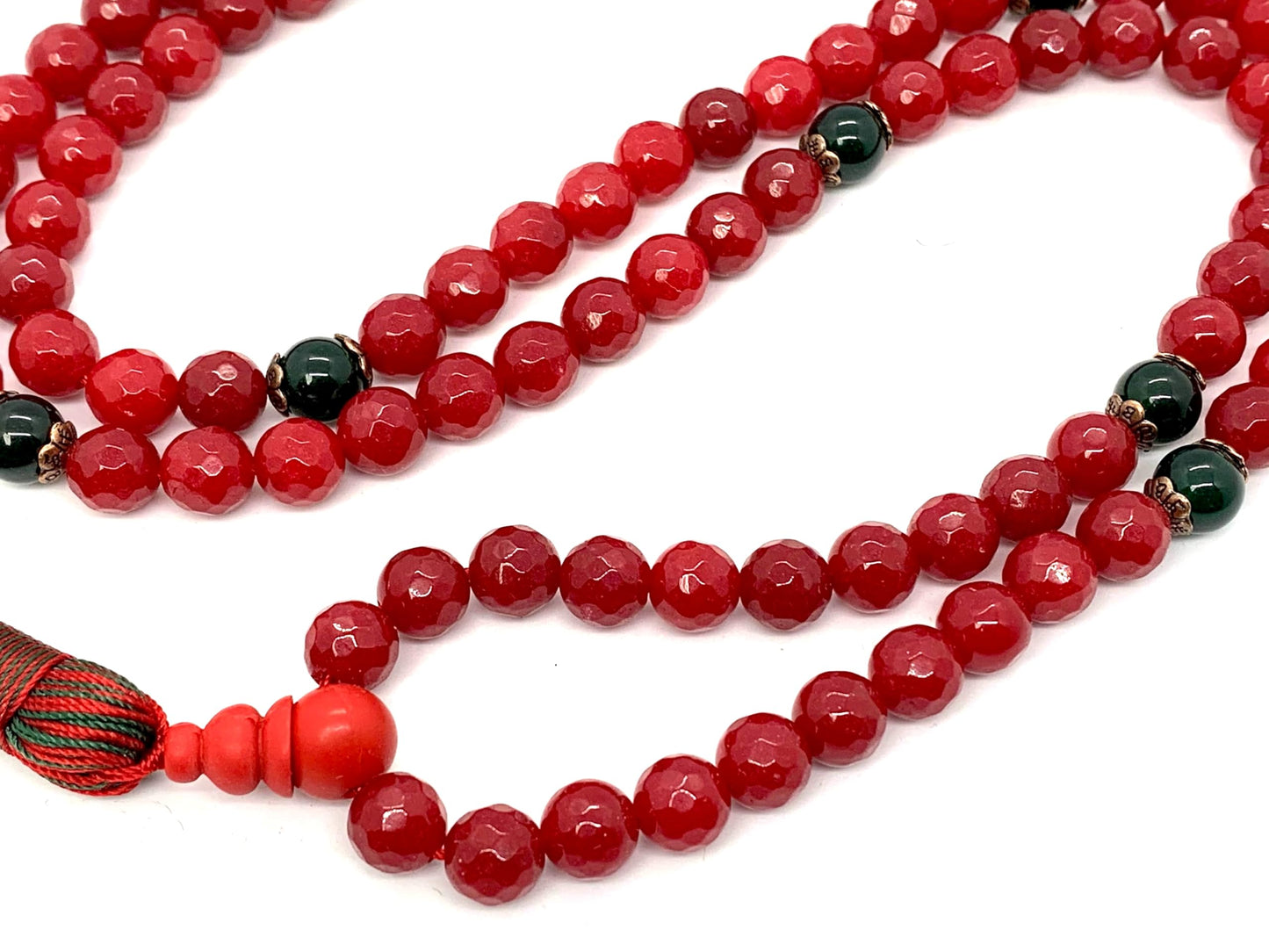 Faceted Red Agate and Green Agate Mala Necklace | 8mm, 108 Beads | August & May Birthstones, Leo & Taurus Zodiac, Heart & Root Chakras