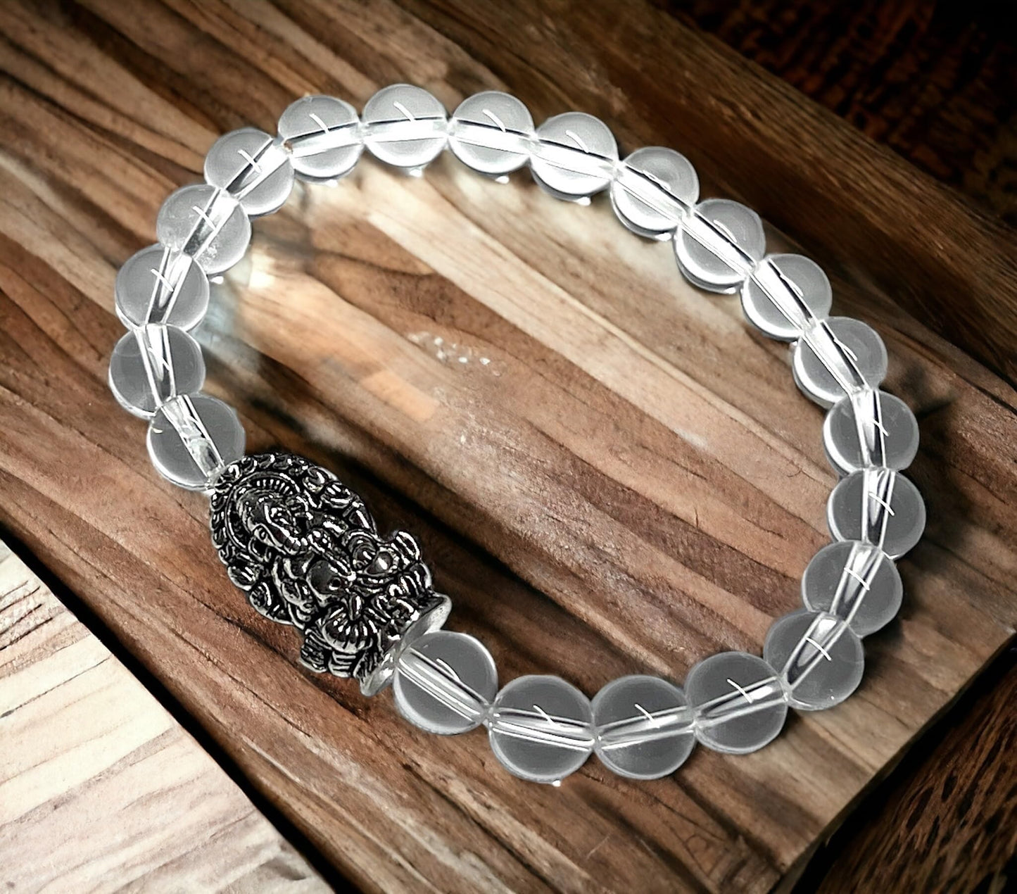 Handmade 8mm Clear Crystal Quartz Stretch Bracelet w/God Ganesha Ganesh Accent | Birthstone for April | Crown Chakra