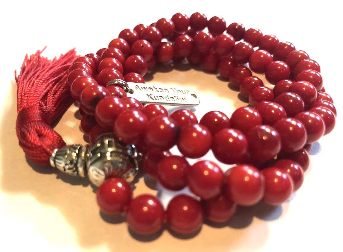 Red coral prayer beads japa mala necklace 6-7mm handmade 108+1 yoga meditation beads. Buddhist karma rosary for nirvana chanting om awakening chakra kundalini - w/Velvet Pouch