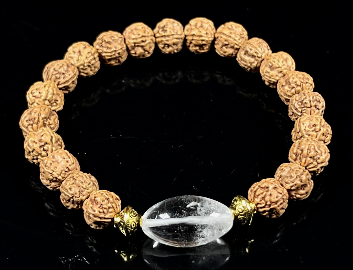 5 Mukhi Pathri Chikna Rudraksha and Himalayan Ice Crystal Quartz Stretch Bracelet – December Birthstone, Sagittarius Astrological Sign, Crown Chakra