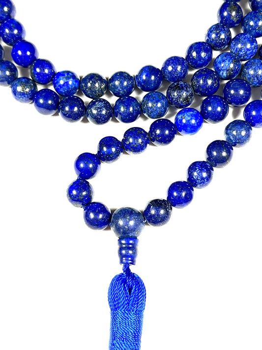 Crystal Mala Beads Necklace Reiki Healing Gem Stones Blessed & Energized Handmade 108 Buddhist Prayer Beads Buddha Beaded Necklaces Yoga Meditation Jewelry - w/ Velvet Pouch ( Lapis Lazuli, 8 mm )