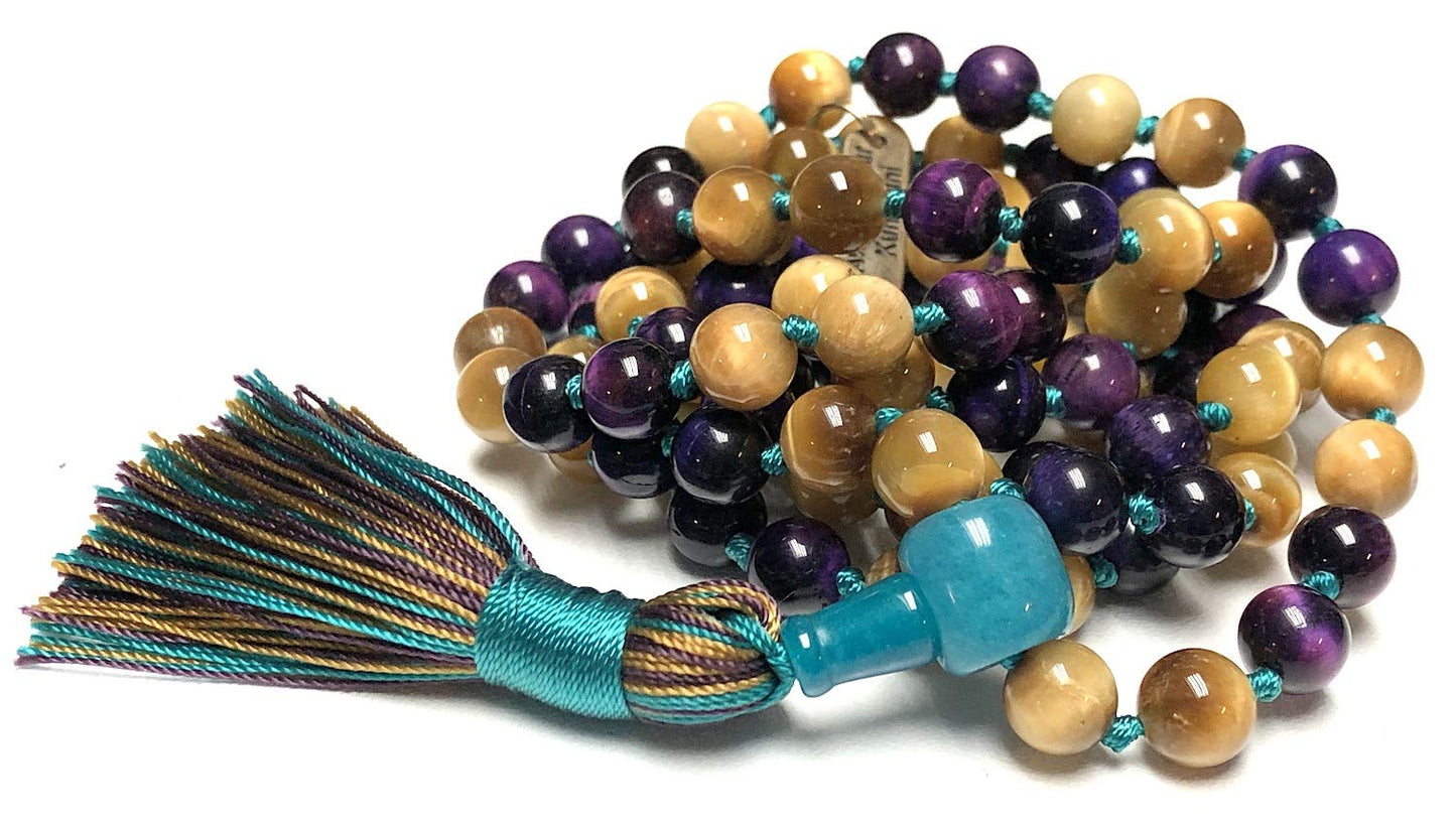 Embrace Balance and Beauty with this Exquisite Golden and Purple Tiger's Eye Mala Beads Necklace - Leo & Sagittarius Birthstone, Solar Plexus & Crown Chakra