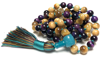 Embrace Balance and Beauty with this Exquisite Golden and Purple Tiger's Eye Mala Beads Necklace - Leo & Sagittarius Birthstone, Solar Plexus & Crown Chakra